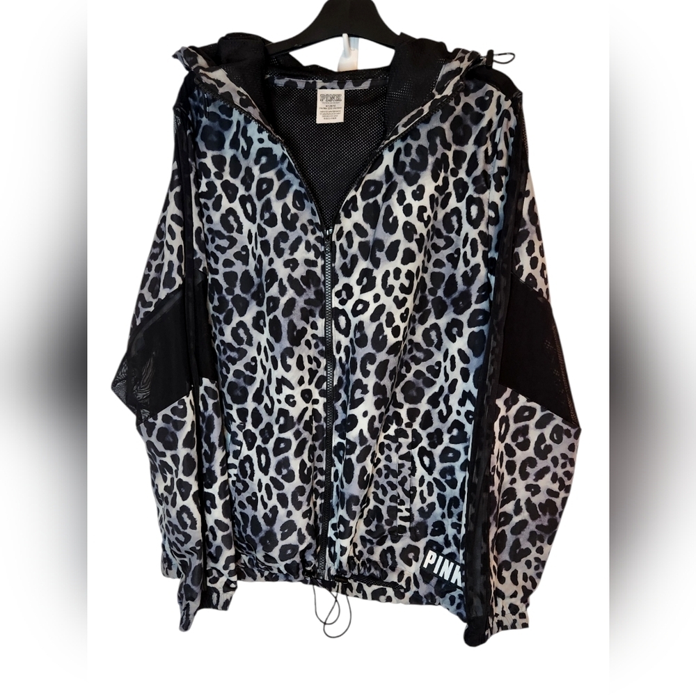 Pink Victoria's Secret Animal Print Full Zip Windbreaker Womans Medium Black